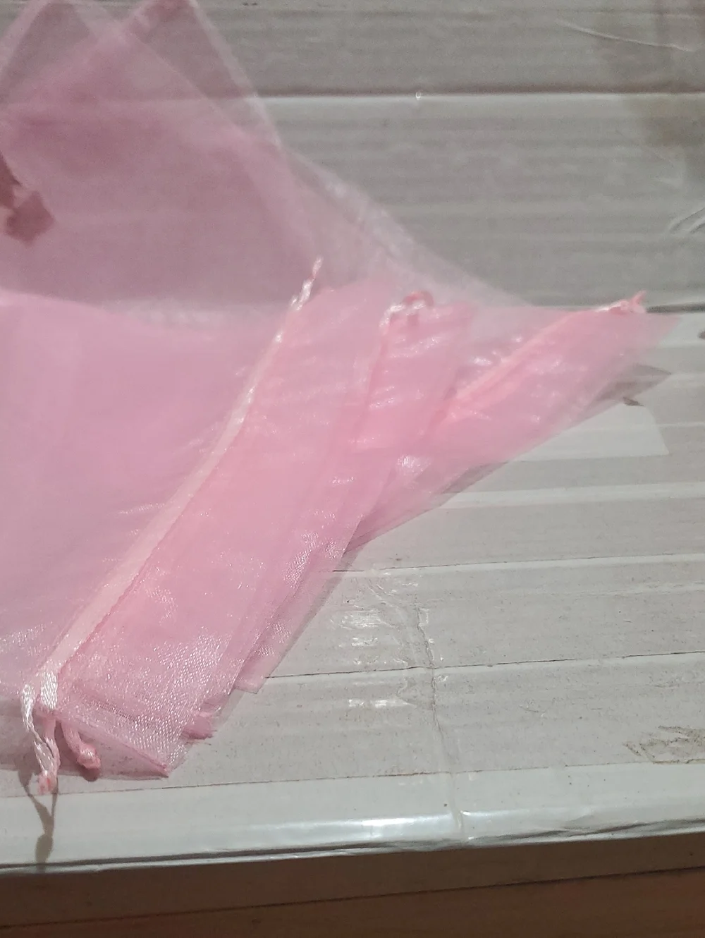 Set Of 6 Sheer Pink Organza Drawstring Bags -